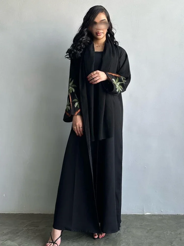 Eid Black Nida Open Abayas for Women Embroidery Abaya Dubai Saudi Arabic Muslim Dress Ramadan Islamic Clothing Morocco Caftan