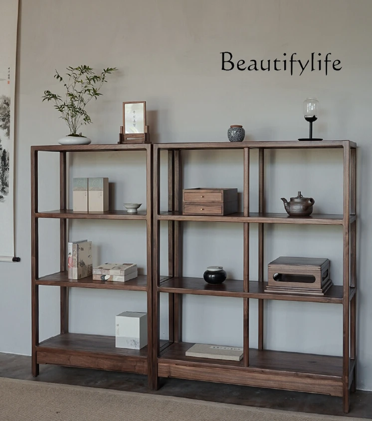 

American Light Luxury Black Walnut Solid Wood Antique Shelf New Chinese Zen Floor Display Bookshelf