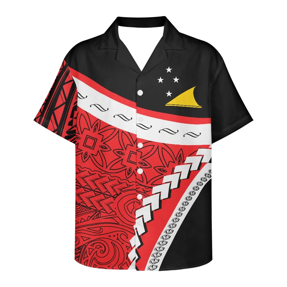 Polynesia Traditional Tribe Anti-wrinkle Men Short Sleeve Button Shirt Trendy Red And Black Print Summer Male Sandy Beach Shirt