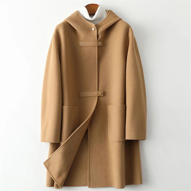 

Autumn Fashion New Mid Length Style Temperament Hooded Long Sleeve Large Pocket Loose Woolen Coat Women's Trend