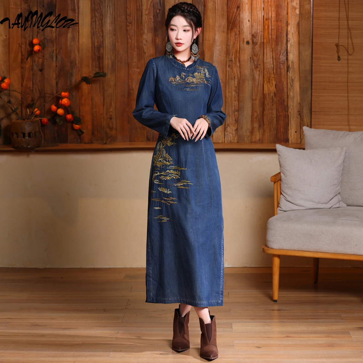 

Women Chinese Cheongsam 2023 Autumn And Winter Denim Long Dress Female Vestidos Scenery Retro Embroidery Girls Dresses 82633