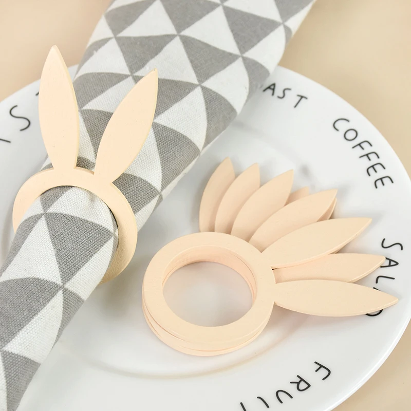 5/10Pcs Easter Rabbit Ear Wooden Napkin Ring DIY Wood Craft Napkin Buckle Table Ornaments Happy Easter Party Decorations