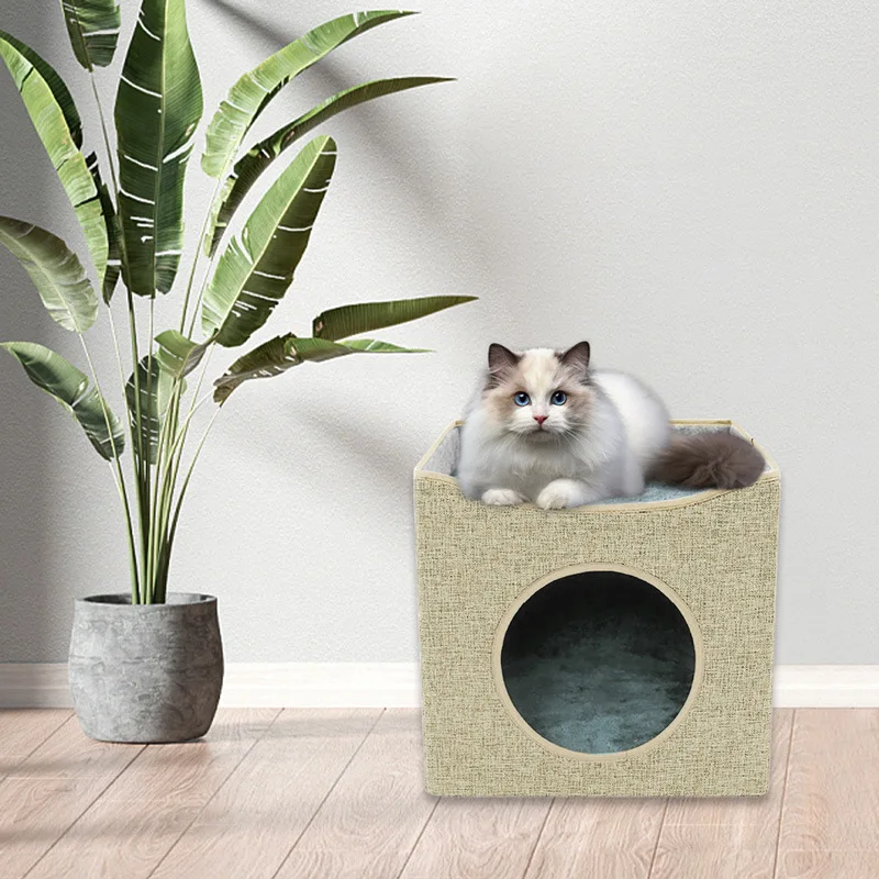 Foldable Double-deck Cat Condo Cube Indoor Cool Scratch Resistant Hiding Playing Cave with Scratch Pad for Cats