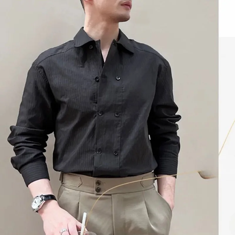 2023 Spring and Autumn Cuban Collar Double Breasted Light Mature Style Stripe Loose Casual Ruffle Shuai Lazy Long Sleeve Shirt high street washed split split hole jeans men s ins fashion brand breast black retro ruffian shuai slim fit tear long pants