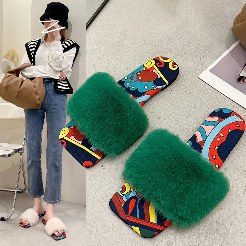 Winter Slippers Women Fashion Fluffy Fur Slipper Home Slides Platform Flat Indoor Floor Flip Flops Women Ladies Shoes 2023