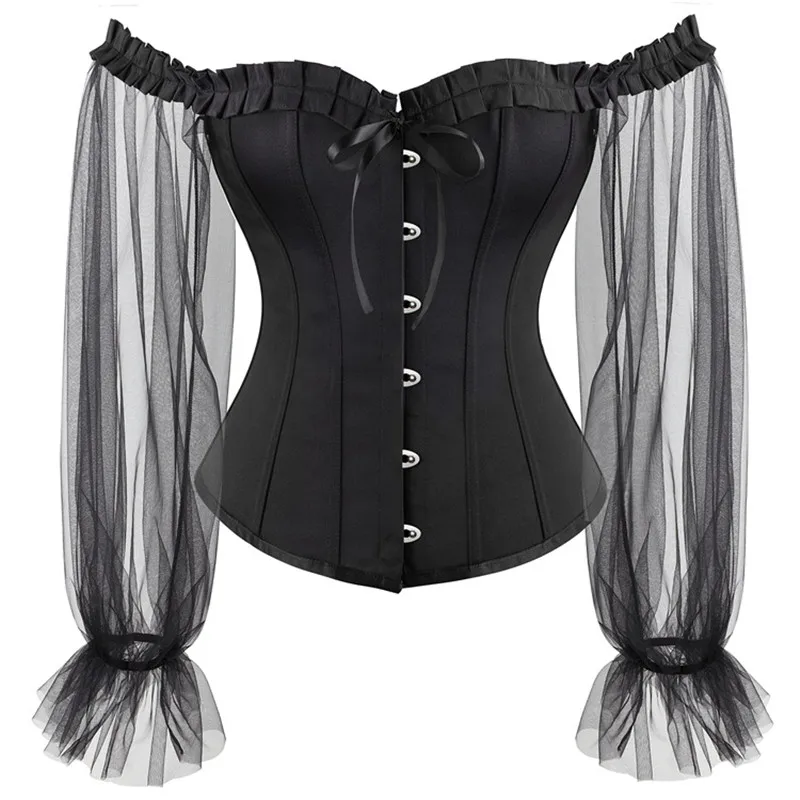 

Renaissance Long Sleeve Corsets Top Bustiers Overbust Satin Sexy Corset Corselet Vintage Style Burlesque Plus Size Korsett Women