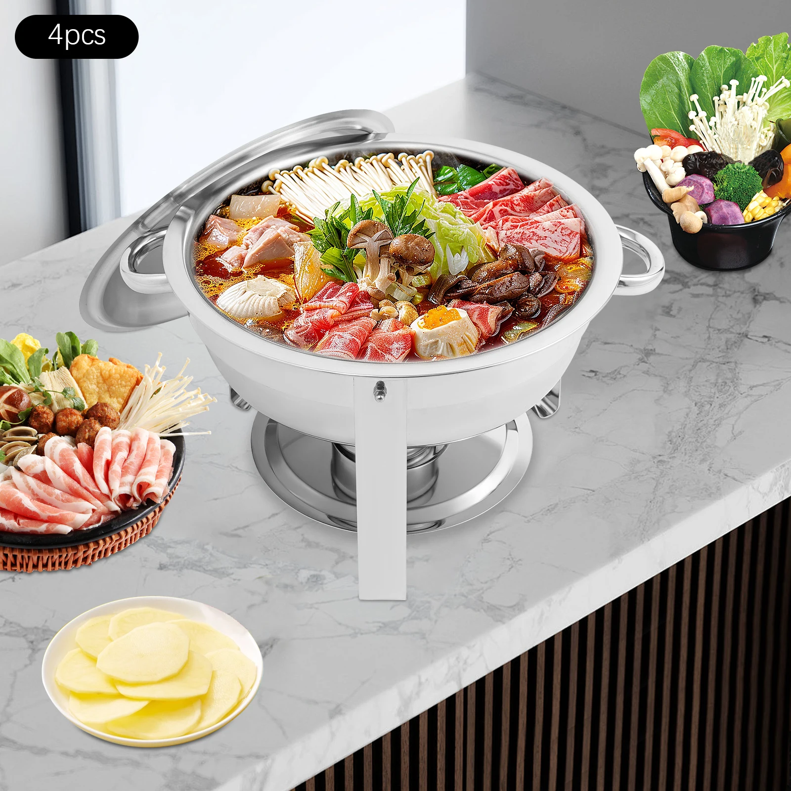 4-teiliges Chafing Dish Buffet-Set, 4,5L Chafing Dish Set, Edelstahl, rund, Catering-Wärmer für Zuhause, 41*25cm, große Pfanne, Buffet – Detail 9