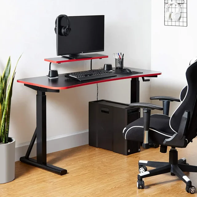 Height-Adjustable Rectangular Gaming Computer Desk with Raised Monitor Shelf