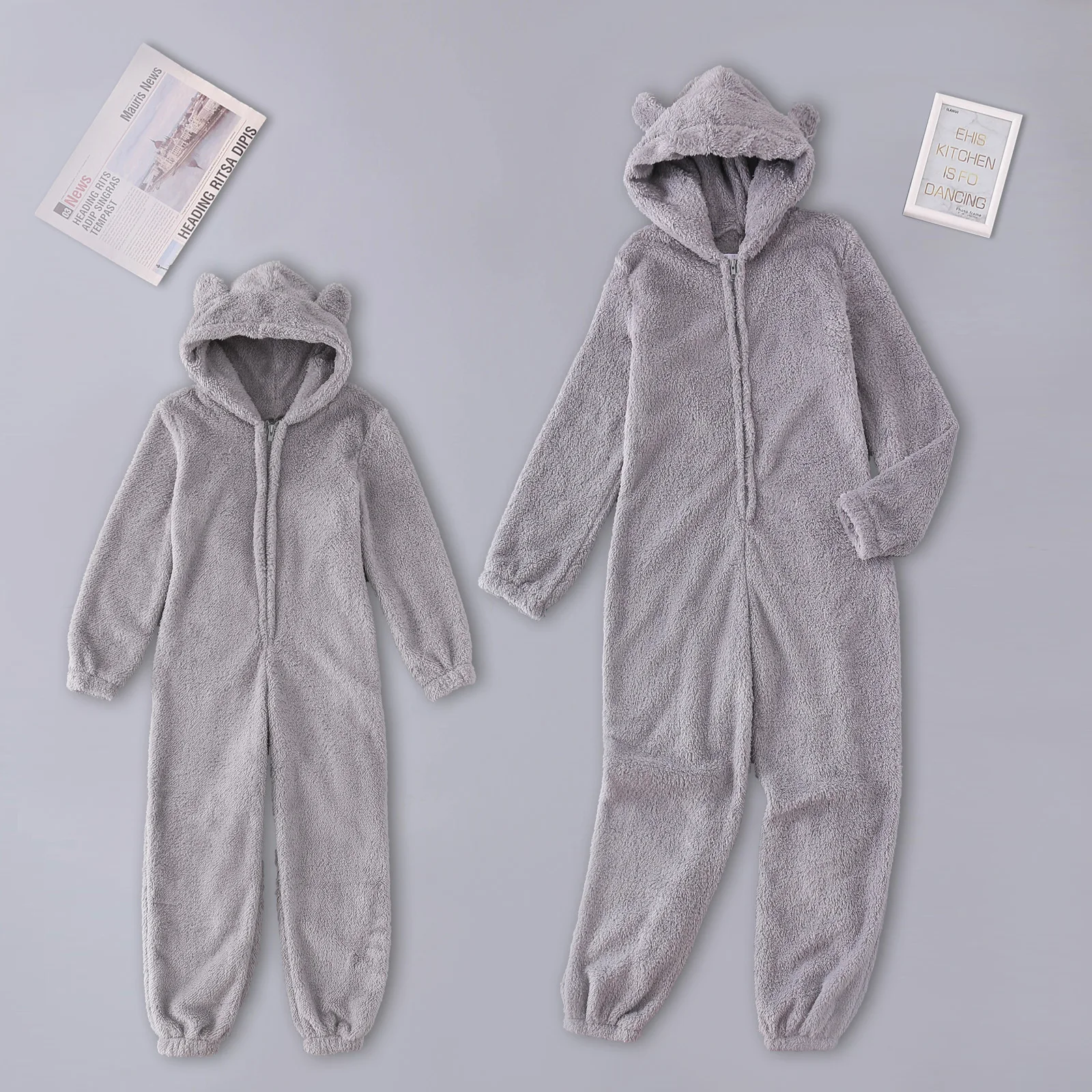 Flannel Pajamas Onesies Solid Color Fleece Parent-Child Suit Long Sleeve Family Pajamas Winter Warm Round Neck Zipper Hooded Home Wear