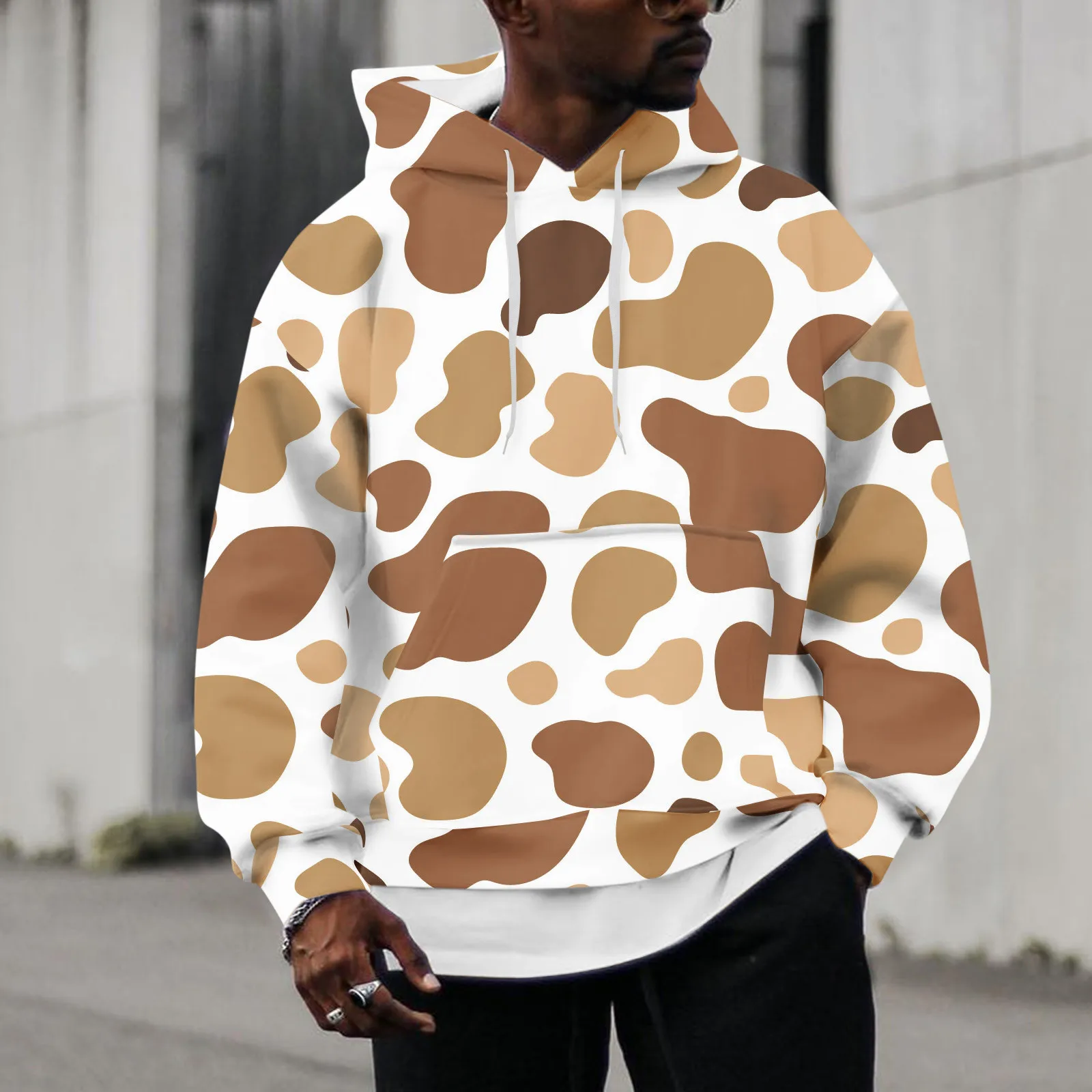 

Male Casual Cow Print Hoodies Drawstring Long Sleeve Pocket Hooded Blouse