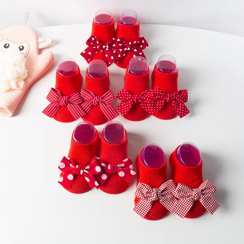 Cute Bowknot Baby Boat Socks Soft Cotton Newborn Girl Short Socks with Rubber Sole Anti Slip Red Color Kids Toddler Floor cotton socks,kids socks,baby socks,girls socks