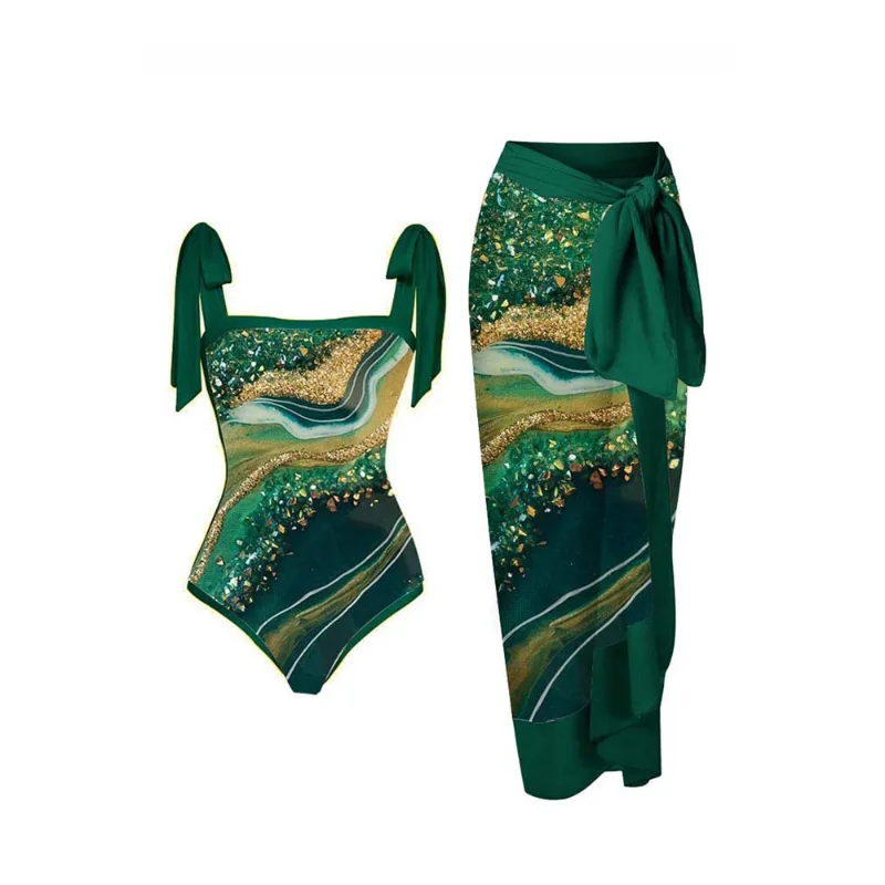

2023 New Fashion One Piece Swimsuit Swimwear with Skirt Women Retro Holiday Bowknot Monokini Beach Dress Cover Up Bathing Suit