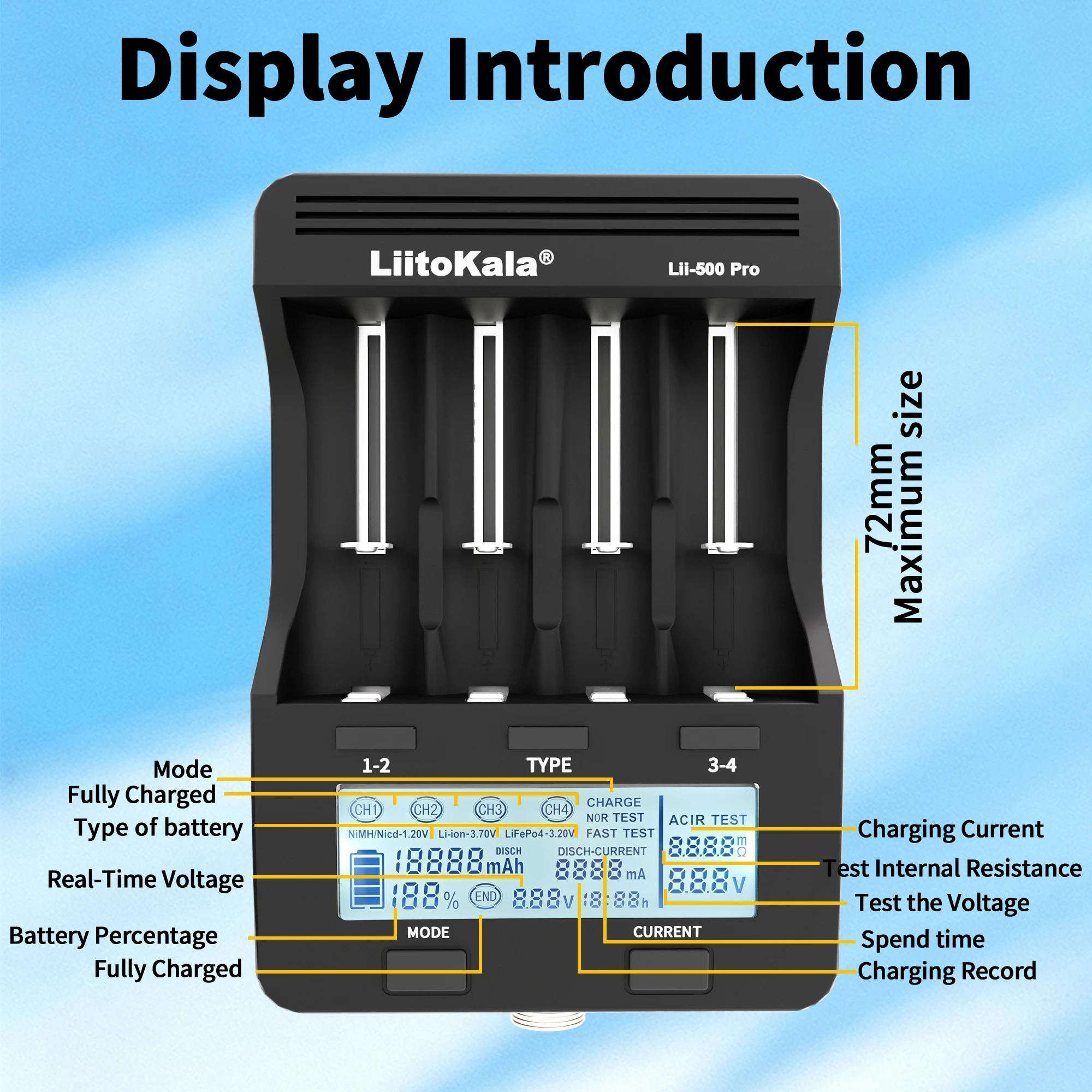 Caricabatterie, LiitoKala Lii-500 Pro, per batterie al litio 18650 26650 21700, Ni-MH Ni-CD, Display, Test di capacità, Spina EU - immagine 2