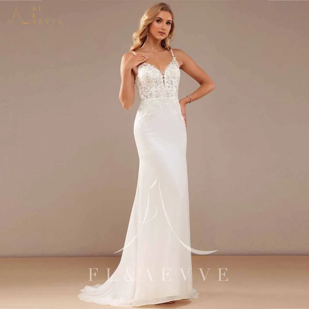 

New Mermaid V-Neck Sweep Train Chiffon Lace Wedding Dress With Beading Beach Bridal DressSpaghetti Straps Wedding Party Gown