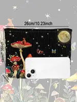 1pc，Mushroom Forest Pattern Corduroy Zipper Makeup Bag, Lightweight Multi functional Makeup Storage Bag 2