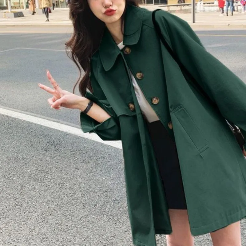 2024Women's Spring and Autumn Fashion New Solid Color POLO Collar Button Korean Long Sleeved Loose Mid Length A-line Trench Coat