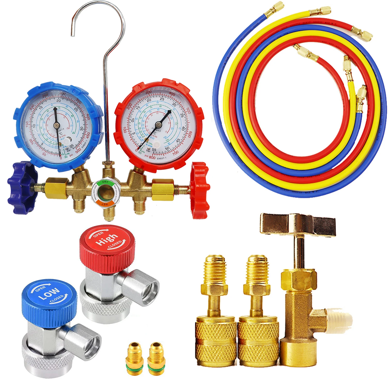 Professional HVAC Manifold Gauge Set with Adjustable Couplers and Charging Service Accessories