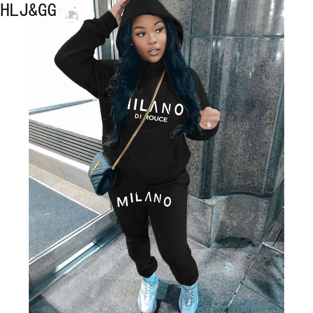 HLJ&GG Autumn Winter Casual Letter Print Hooded Two Piece Sets Women Long Sleeve Sweatshirts And Jogger Pants Tracksuits Outfits