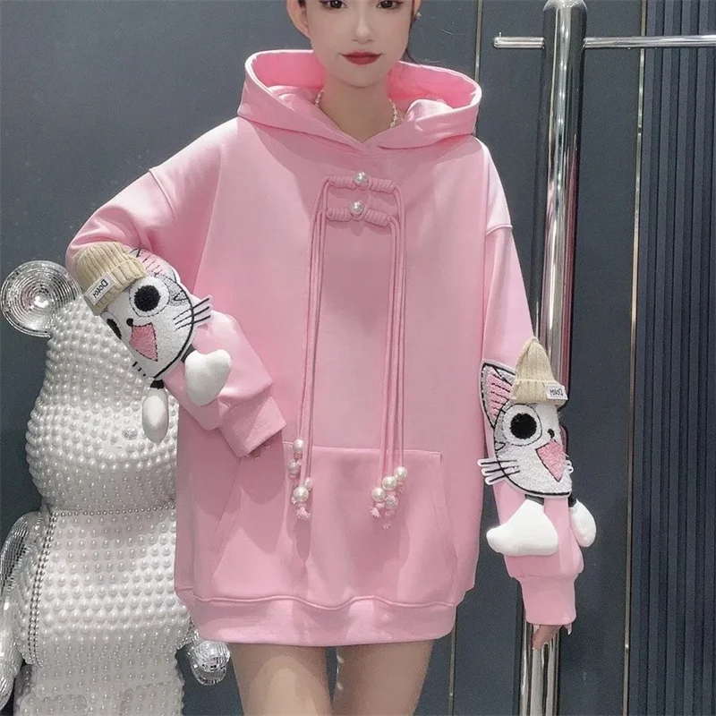 2025 Winter Outside Wear Plus Velvet Thickened Long-Sleeved Hoodie Women's Fashion Age-reducing Mid-length Loose and Thin Top X4