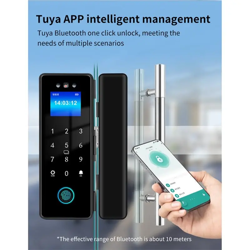 AA84 투야 WIFI 스마트 유리문 도어락 13.56Mhz IC 카드 지원 3D 얼굴 인식 생체 지문 잠금 해제