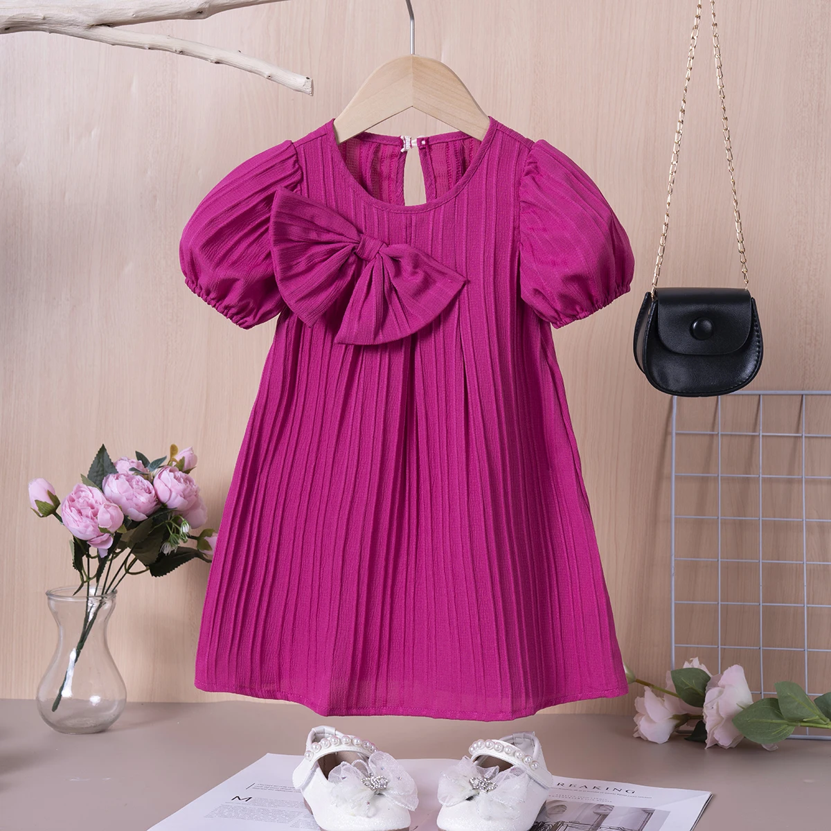 Baby-Girl-Fuffy-Short-Sleeved-Dress-Solid-Color-Large-Bow-Casual ...