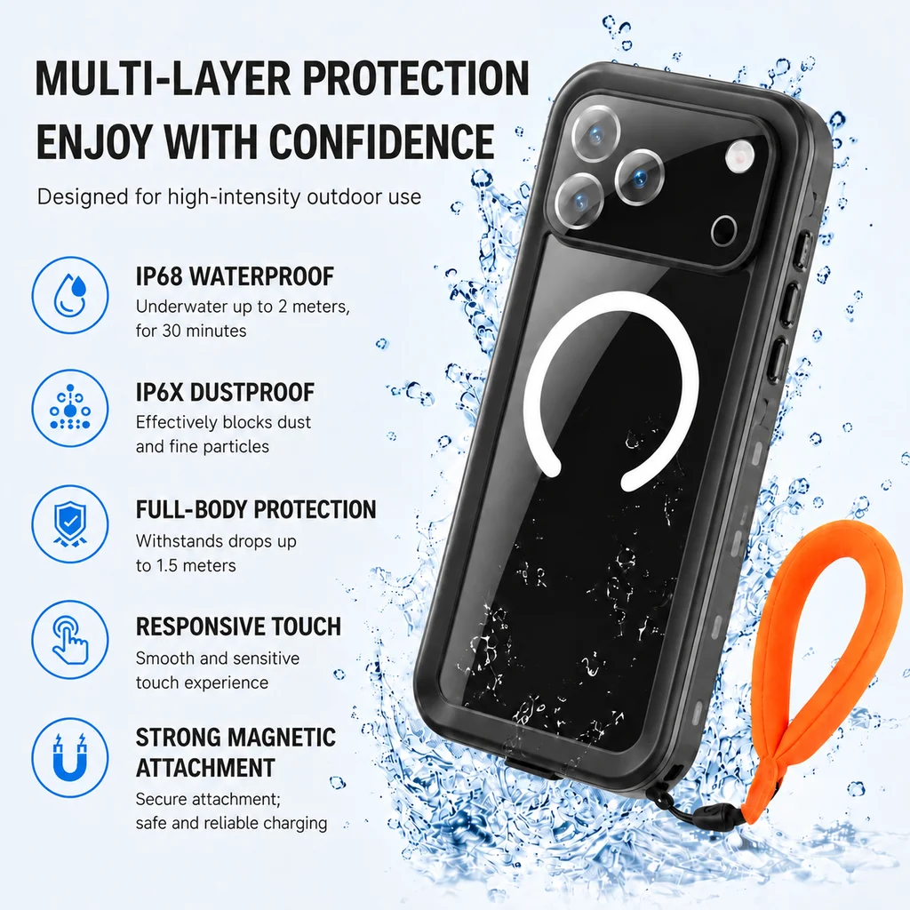 Ultimate IP68 Waterproof Phone Case with Floating Ring and Touch Accessibility