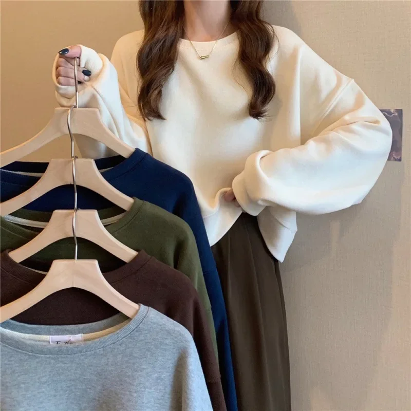 

Spring and autumn new Korean version of pure color round collar loose ladies hoodie thin section of female students jacket black