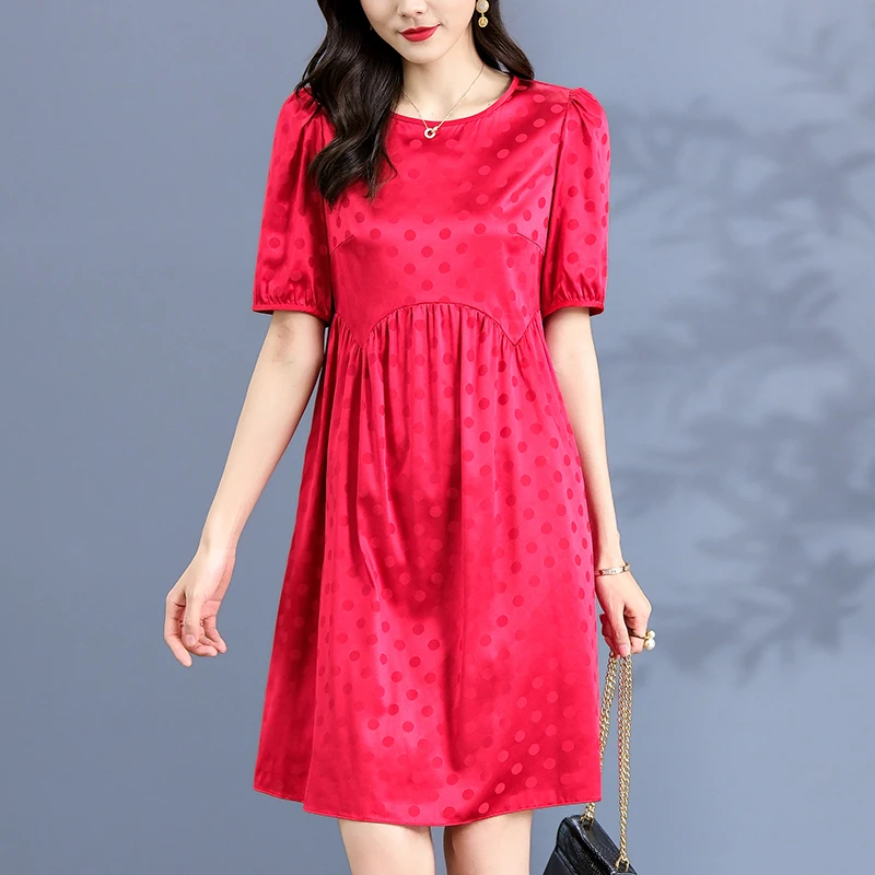 

Женское винтажное платье-трапеция из натурального шелка, Красное и черное элегантное платье в горошек с коротким рукавом и высокой талией, лето 2024