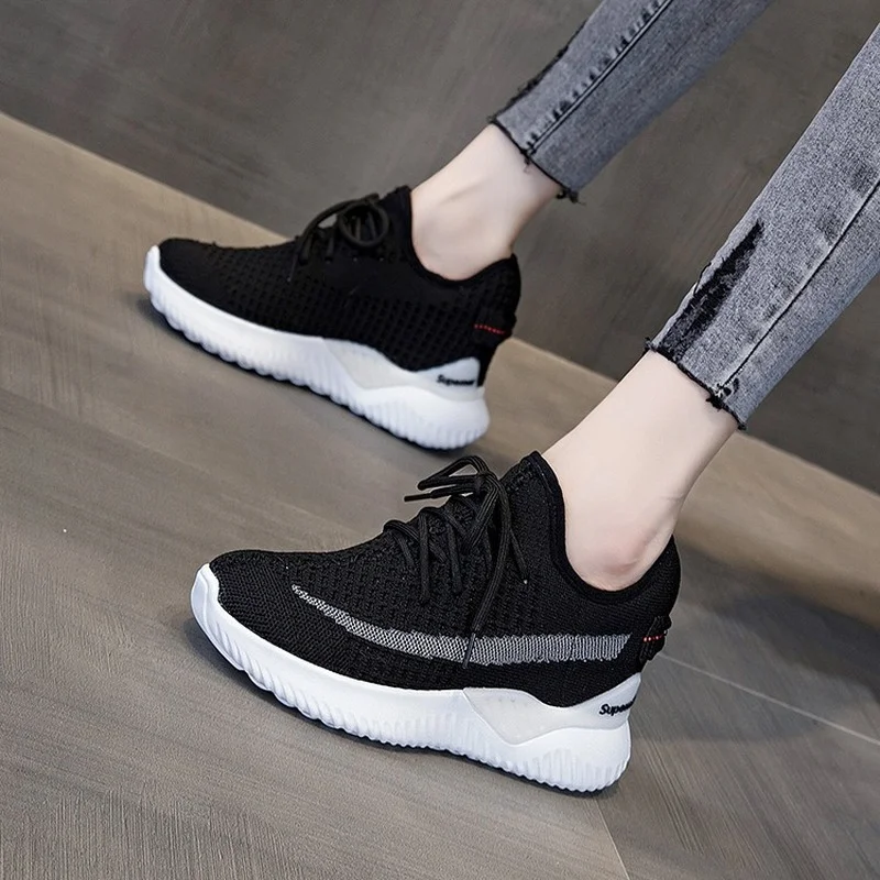 New Spring Autumn Gray White Women Shoes Increase 8CM Knitted Women Vulcanized Shoes Mesh Cloth Thick Bottom Casual Sneakers