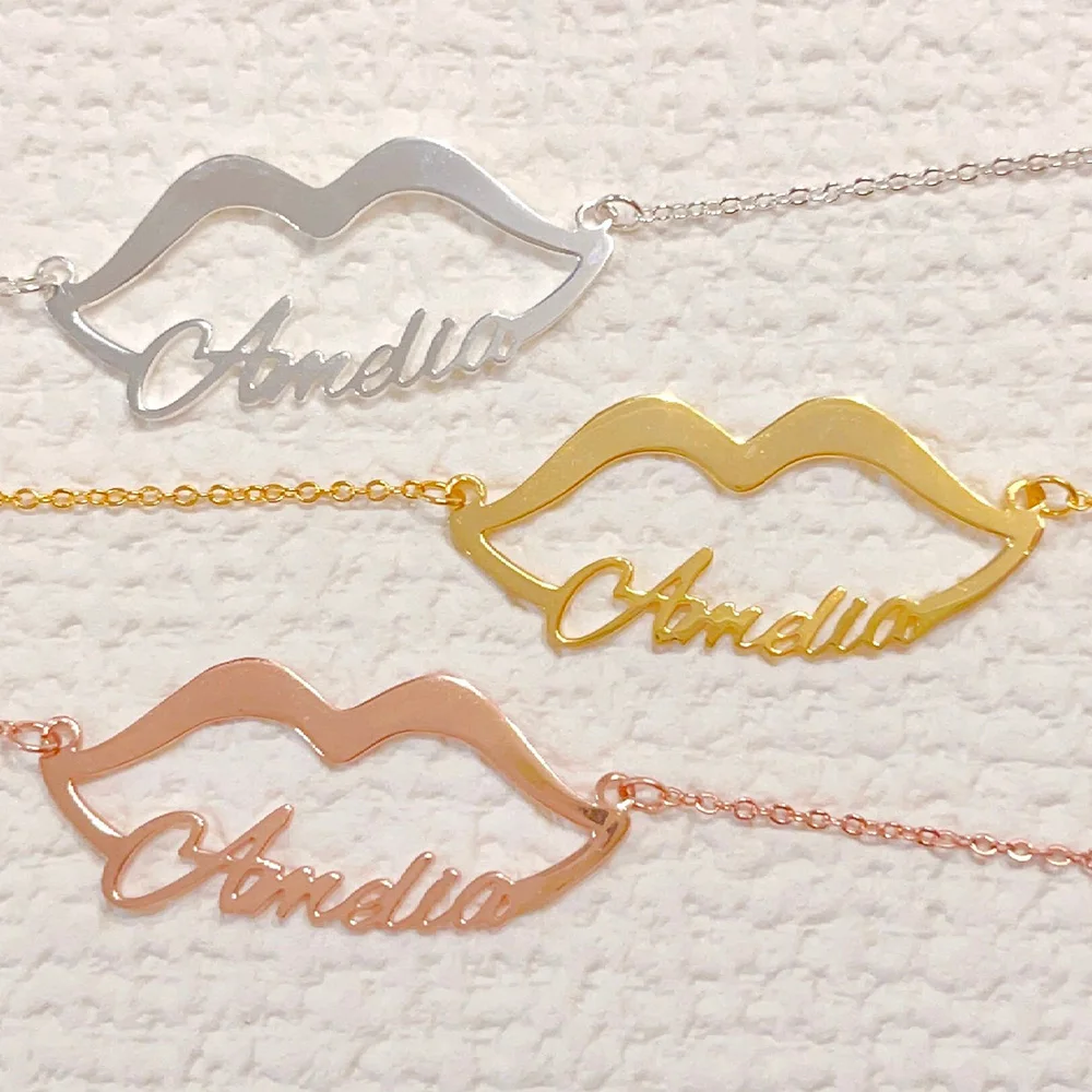 

Custom Name Necklace with Sexy Lips Shape Stainless Steel Nameplate Pendants Personalized Letter for Women Necklaces Jewelry