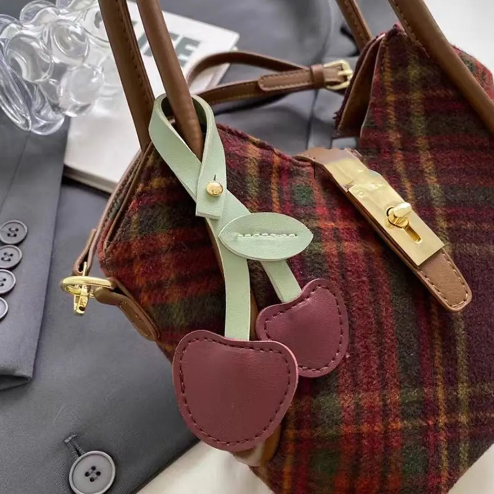 Solid Color Single Shoulder Bag Temperament PU Cherry Pendant Wool Fabric Tote Bag Plaid Woolen Fabric Crossbody Bag Girls