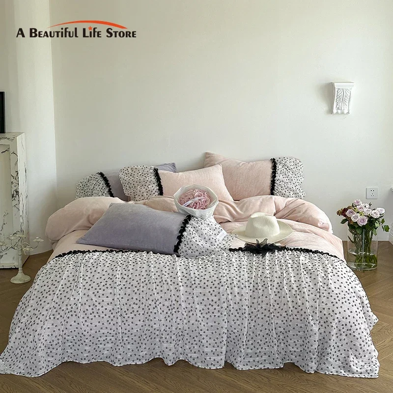 

Romantic Lace Ruffles Bedding Set, Princess Bedding Set, Warm Velvet, Queen, King Size, Duvet Cover Set, Bed Sheet, Pillowcases