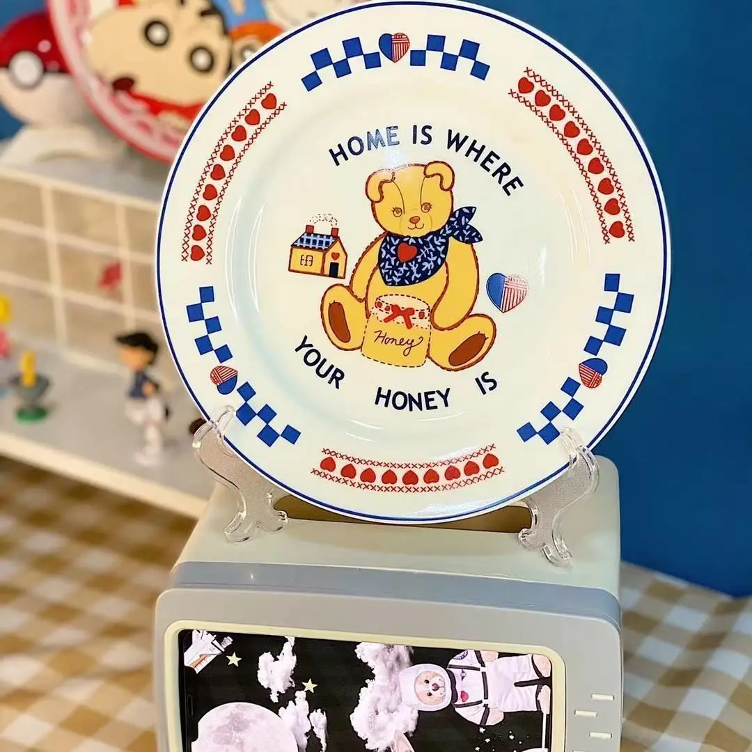 Original Retro Bear Plate,Sushi Bear Plates Korean Cute Girl Heart Ceramic Trays Unique Dessert Plate Serving Cartoon Dinnerware 6