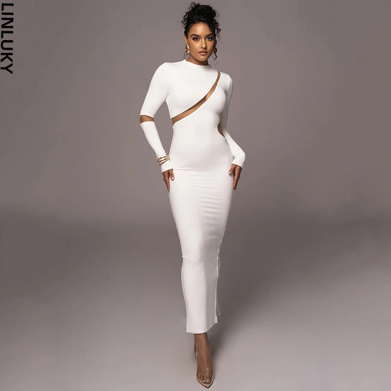 

2023 Autumn Round Neck Long Sleeved Dress For Women Fashion Sexy Tight Fitting Club Party Evening Long Dresses Woman Clothing