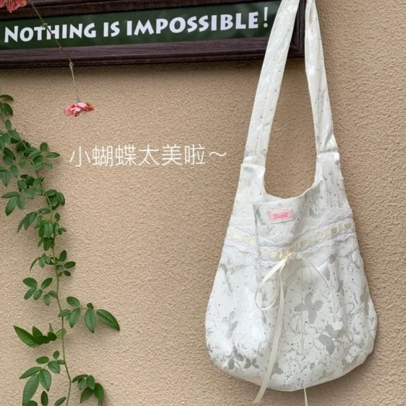 JIAERDI Fairycore White Shoulder Bags Purse Women Hot Girls Bow Chic Lace Y2k Handbag Female Vintage Canvas Tote Bag Aesthetic