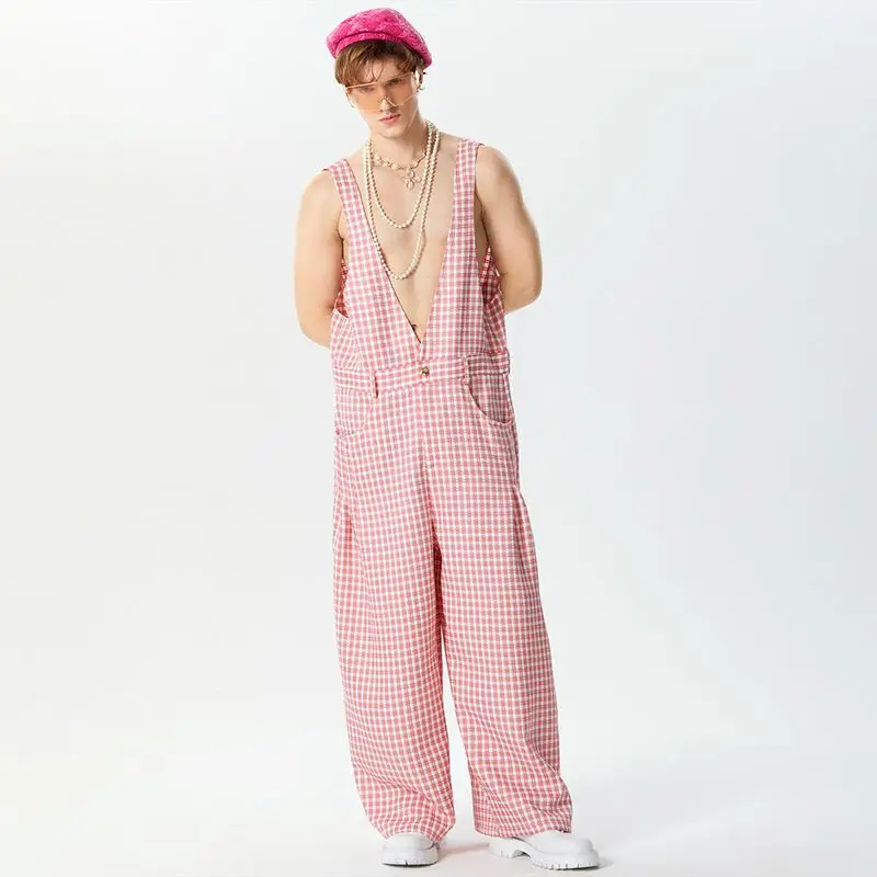 Description Picture 6 of item2024 Men Jumpsuits Plaid Oversize Deep V Neck Sleeveless Streetwear Rompers Pockets Loose Casual Wide Leg Pants Overalls INCERUN