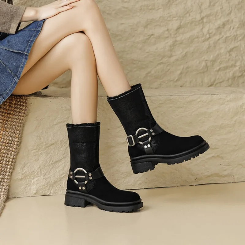 Shoes for Women 2023 Hot Sale Slip-on Women's Boots Fashion Belt Buckle Modern Boots Women New Short Plush Mid-Calf Shoes Female
