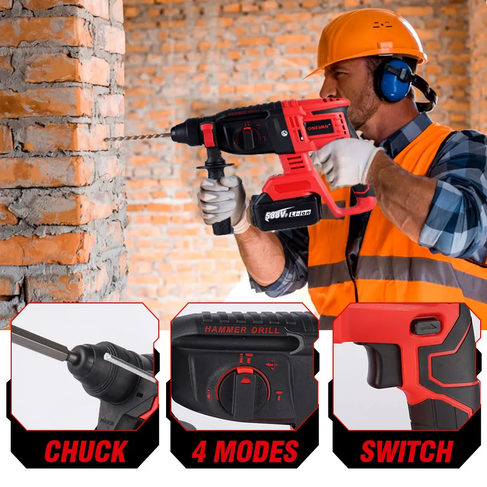 ONEVAN 2000W Brushless Electric Rotary Hammer Drill 10600BPM Cordless Multifunctional Hammer Impact Drill Set For Makita Battery 2