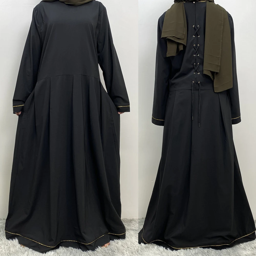 

Latest Black Dress For Muslim Women Robe Femme Abaya 2024 Elegant Lace Up Back Muslim Inner Dress Women Musulman Emsembles