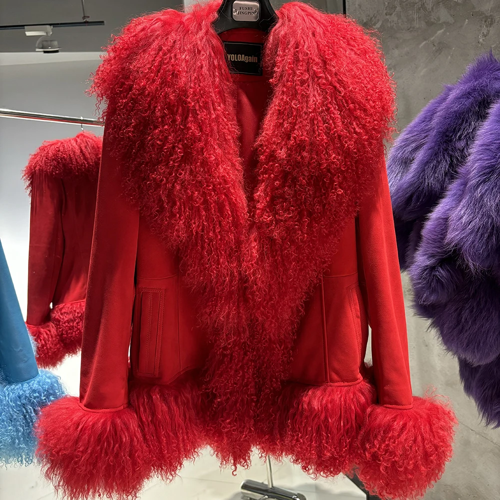 YOLOAgain 리얼 양 모피 자켓 여성 스웨이드 가죽 자켓 겉옷