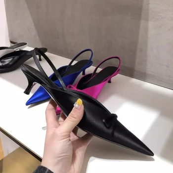 2024 Summer European and American High Heels Pointed Bow Silk Thin Heel Baotou Women's Slippers 1