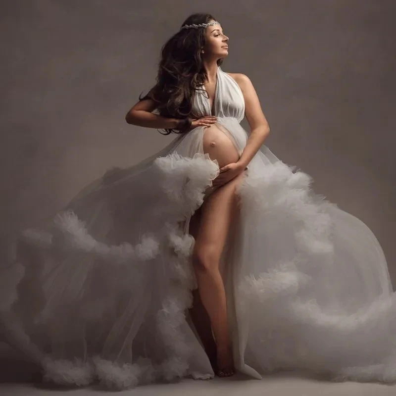 

Halter Neck White Ruffle Tulle Dresses For Mother Maternity Robes Tiered Pleated Long Dress Women Photo Shoot Custom Made Design