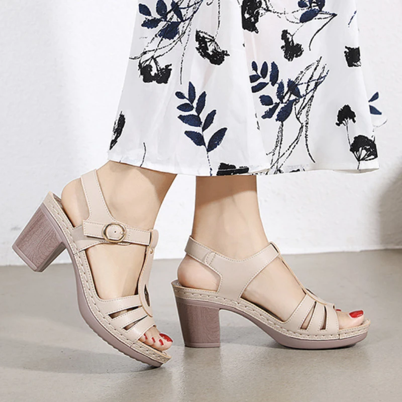 Solid Color Buckle Sandals for Women High Heels Comfortable Outdoor Party Anti-slip Plus Size Shoes Sandalias Plataforma Mujer