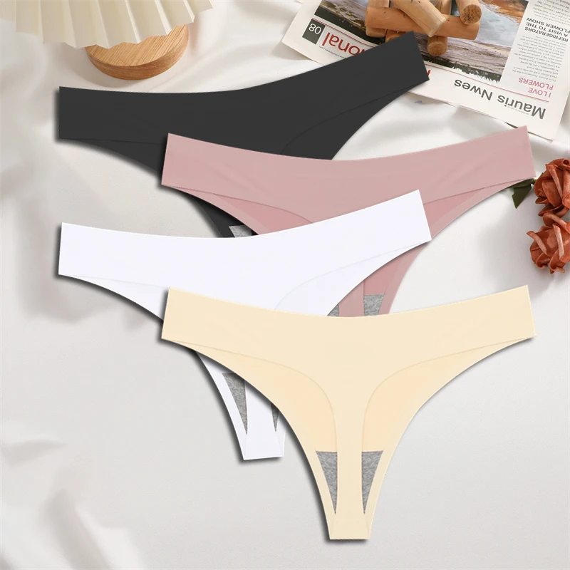 thumbnail image 1 of FINETOO-ropa interior de satén de seda sin costuras para mujer, tangas de cintura baja, Bikini Sexy de Color sólido, lencería íntima elástica, 4 piezas, 1 of 5