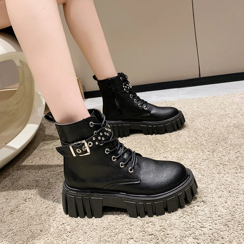 Ladies Shoes 2023 Fashion Ankle Women's Boots Platform Boots Women Rivet Belt Buckle Lace Up Side Zip Round Toe Ladies Shoes