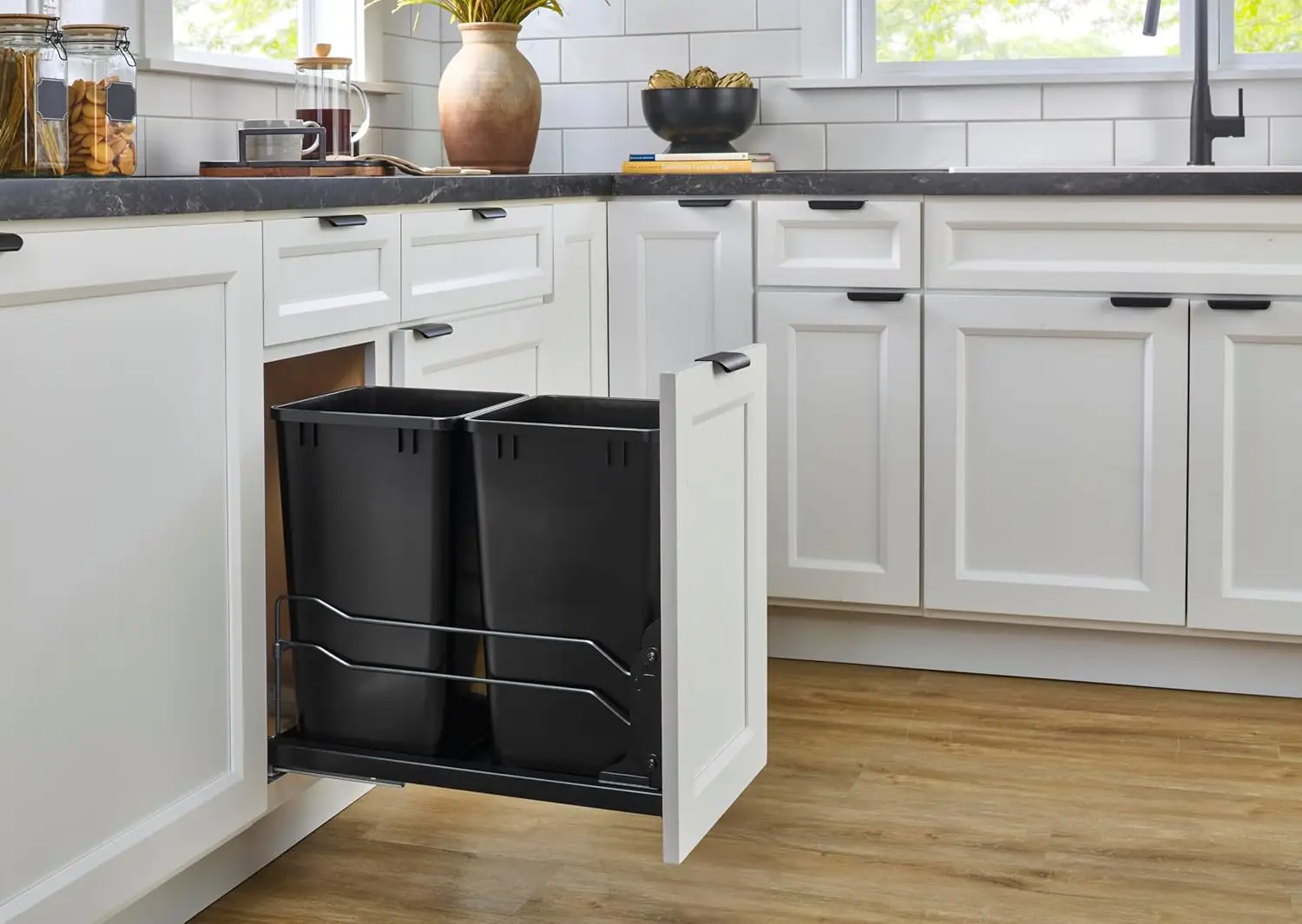 Double Trash Can Under Kitchen Cabinets Pullout, 35 Quart 8.75 Gallon with Soft-Close Slides, White, 53WC-1835SCDM-211