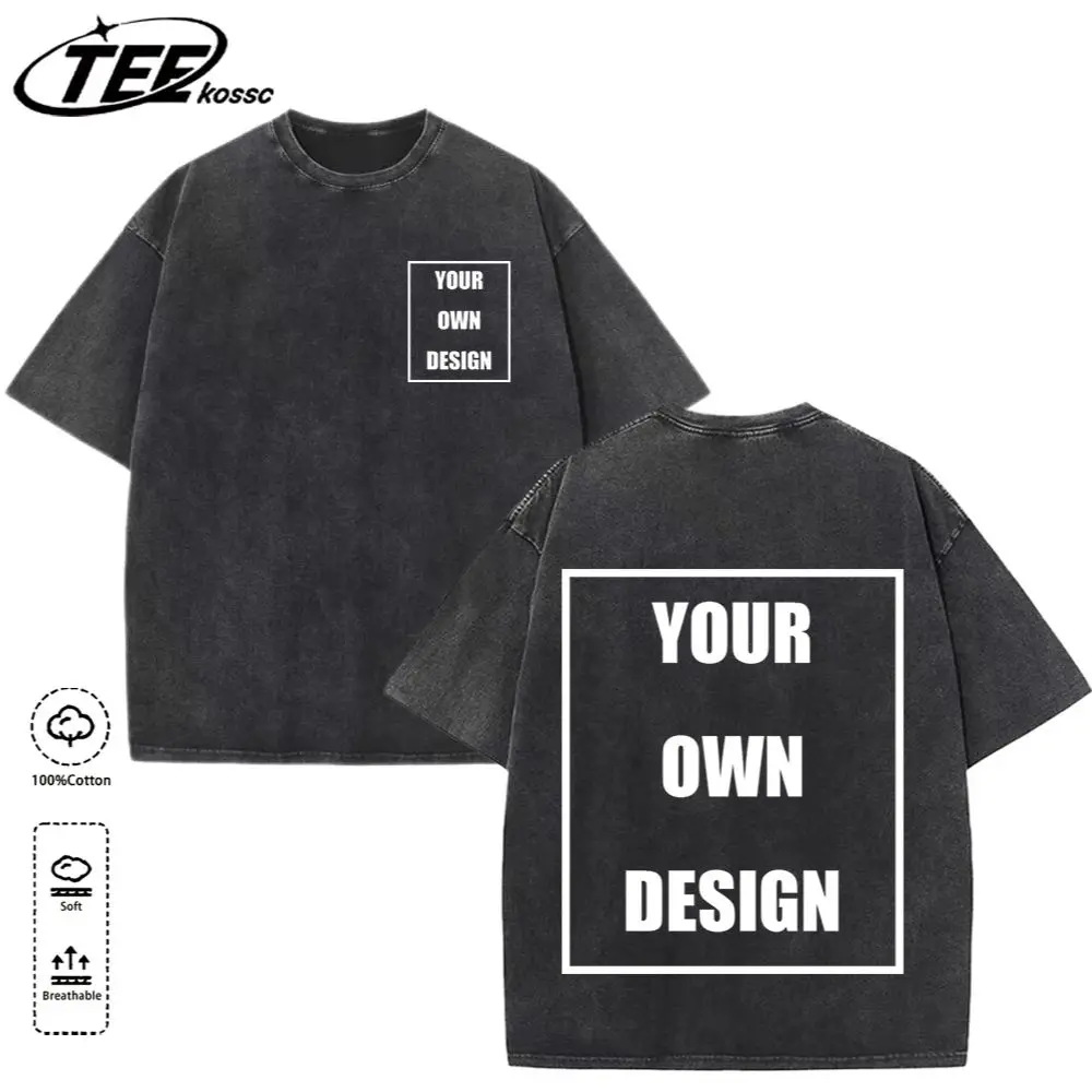 Custom Your Logo Print Summer Cool Snow Wash T-Shirt Cotton Casual Loose Short Sleeve Fashion Retro Tee Soft Couple Streetwear