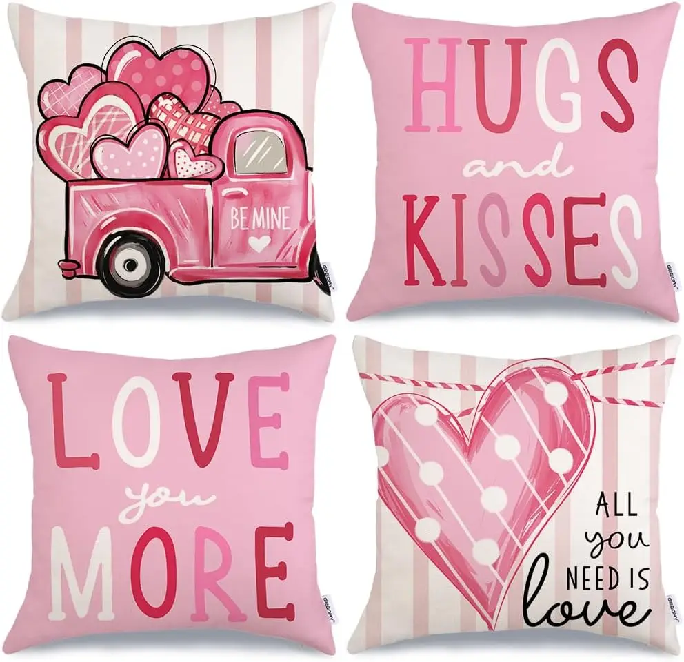 

Romantic Valentine's Day Pillow Covers 18 X 18 Inch Set of 4 Decor Pink Truck Polka Dots Hearts Love Hugs Kisses Striped Decor