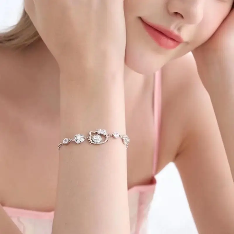 

Kawaii Sanrio Hello Kitty Bracelet Cute Anime Toys Diamond Adjustable Hand Jewellery S925 Hypoallergenic Silver Y2K Girls Gift