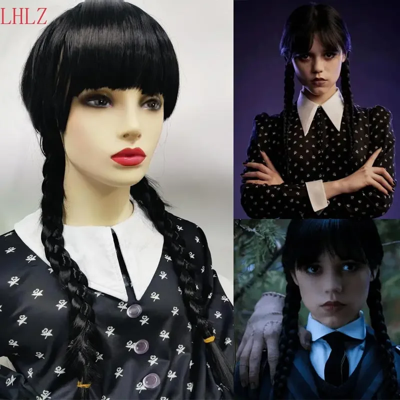 

Movie Wednesday Addams Halloween Cosplay Party Women Girls Long Black Hair Wig with Bangs Heat Resistant Synthetic Braided Wig